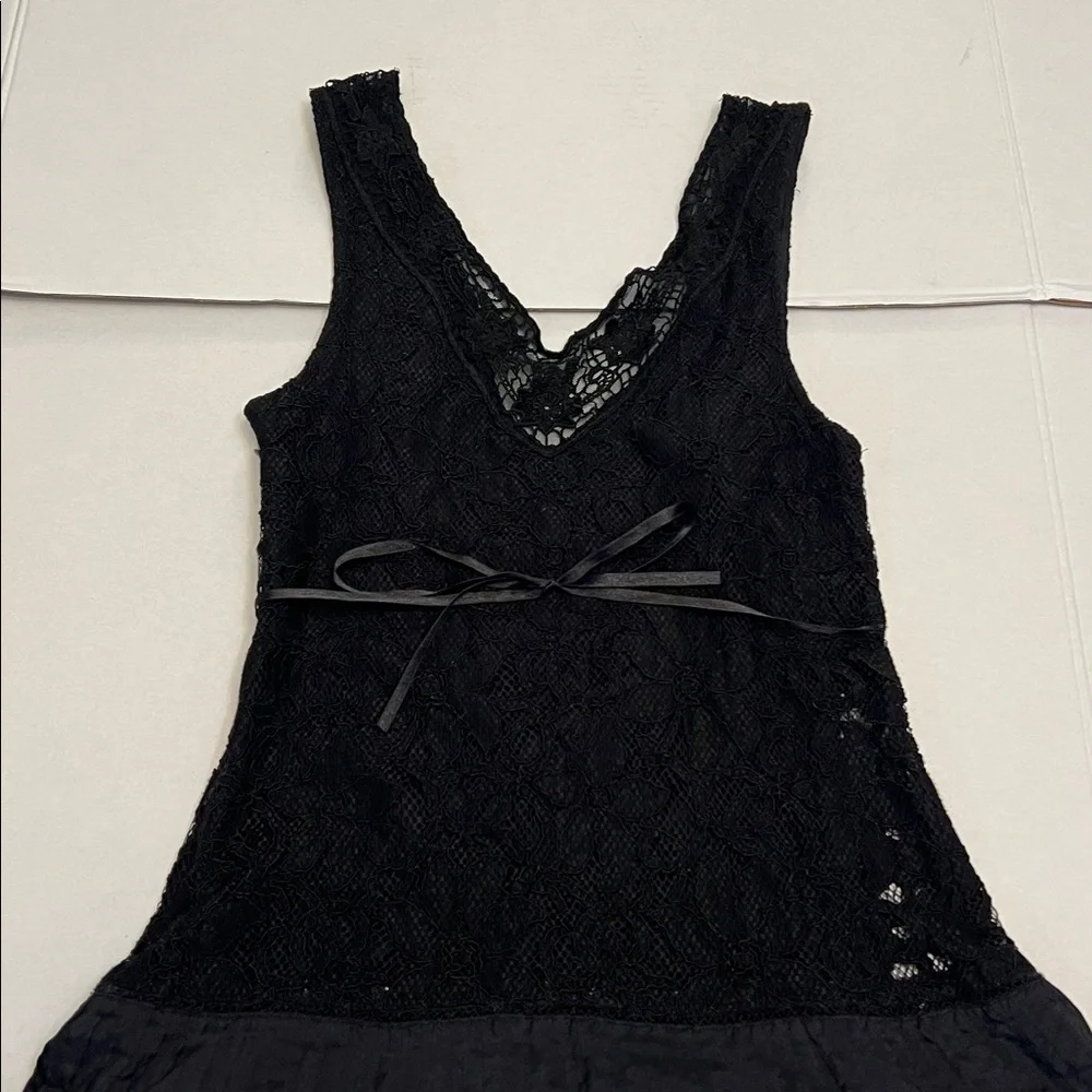 Y2K FREE PEOPLE VINTAGE LACE SILK WHIMSYGOTH BOHO FLOWY MINI DRESS BLACK SIZE 2